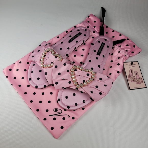 NWT Victoria's Secret Embellished Satin Bow Slide Pearl Heart Slppers Sz M 8-8.5 - Picture 6 of 9